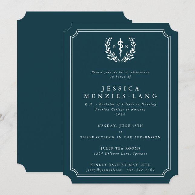 Invitation Infirmière turquoise/blanche inscrite Asclepius Gr (Devant / Derrière)