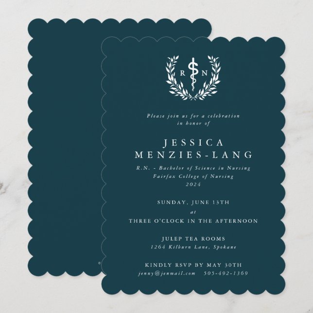 Invitation Infirmière turquoise/blanche inscrite Asclepius Gr (Devant / Derrière)