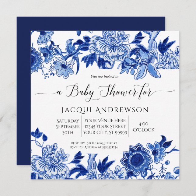 Invitation Influence asiatique Baby shower floral bleu blanc (Devant / Derrière)