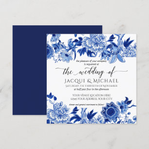Invitation Influence asiatique Bleu Blanc Floral Mariage