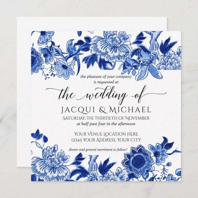 Invitation Influence asiatique Bleu Blanc Floral Mariage Artw (Devant / Derrière)
