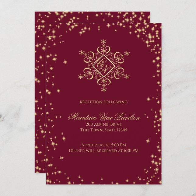 Invitation Information sur les flocons d'hiver de l'or et de  (Devant / Derrière)