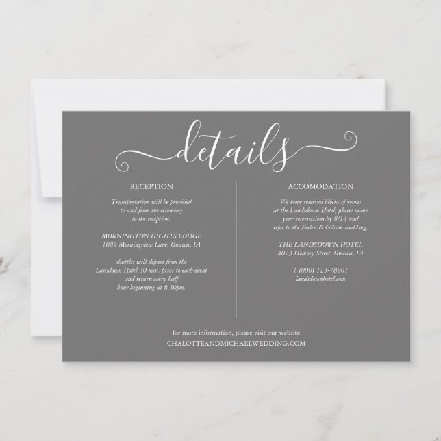 Invitation Informations de détails de mariage en écriture gri (Devant)