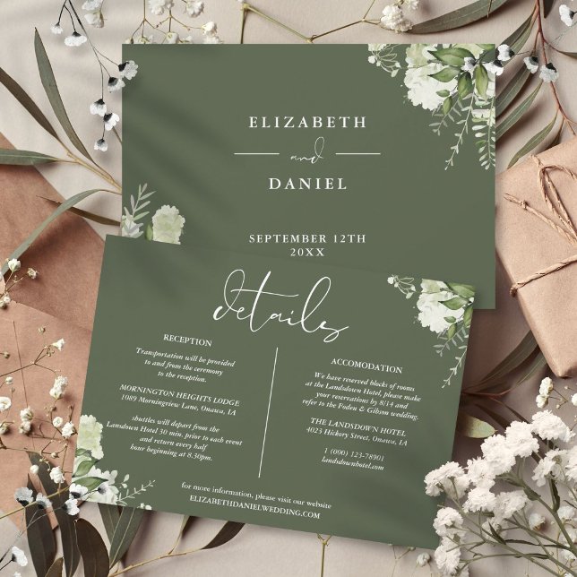 Invitation Informations sur les détails de mariage avec verdu (Olive Green Greenery Wedding Details Information Invitation)