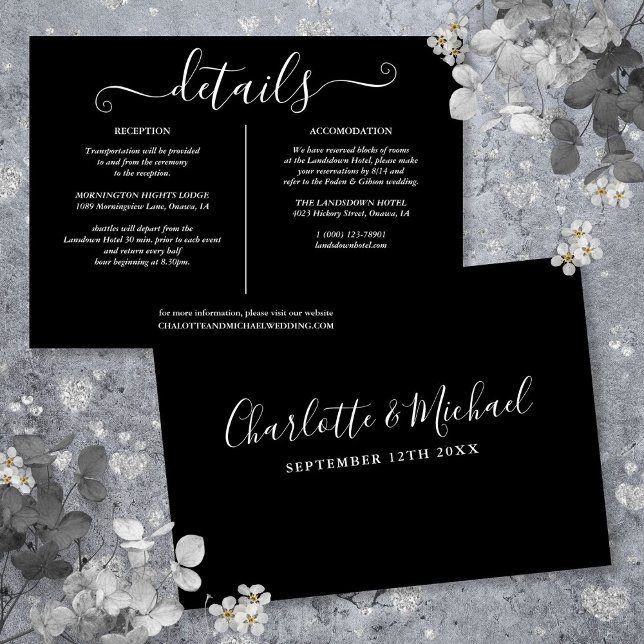 Invitation Informations sur les détails du mariage noir et bl (Black And White Wedding Details Information Invitation)