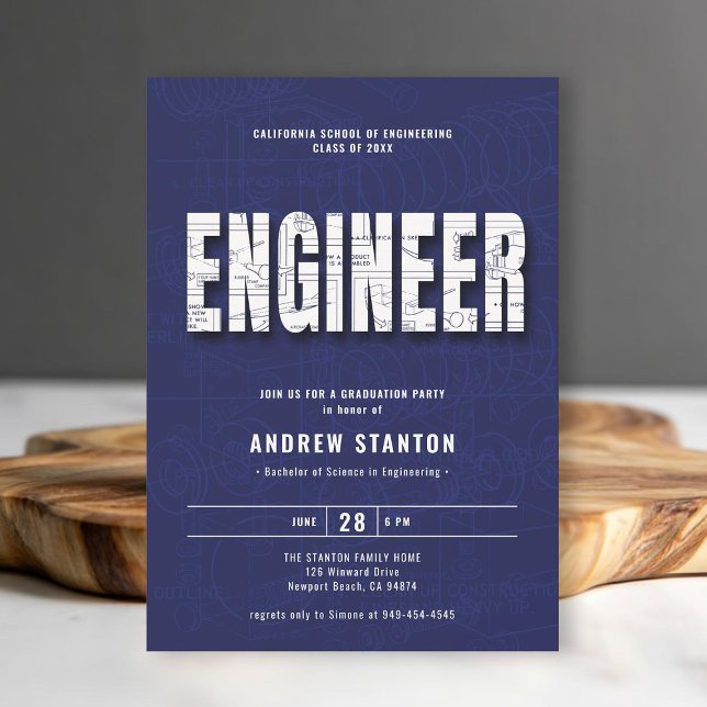 Invitation Ingénieur d'ingénierie Parti blanc de la marine (engineering engineer graduation ceremony party invitation navy blue white template modern minimalist)