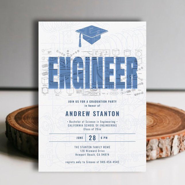 Invitation Ingénieur ingénieur Casquette White Party (engineering engineer graduation ceremony party invitation white blue grad cap modern minimalist)