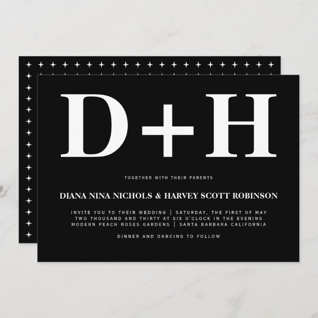 Invitation Initiales blanches typographie en gras mariage noi (Devant / Derrière)