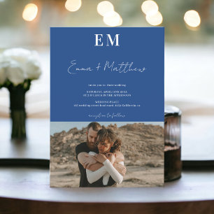 Invitation Initiales bleu simple 2 photos qr mariage