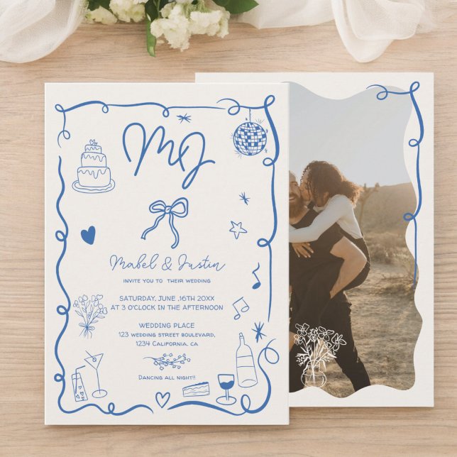Invitation Initiales bleues dessinées à la main mariage photo (Blue initials handdrawn illustrated photo wedding invitation)