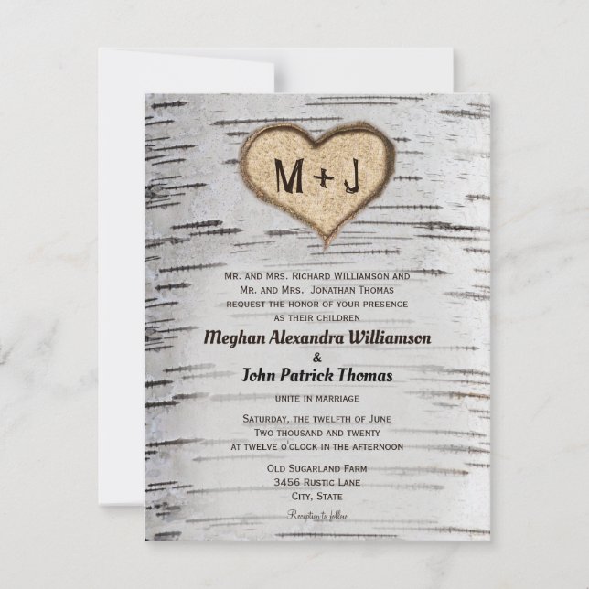 Invitation Initiales de Birch Tree Coeur Mariage campagnard r (Devant)