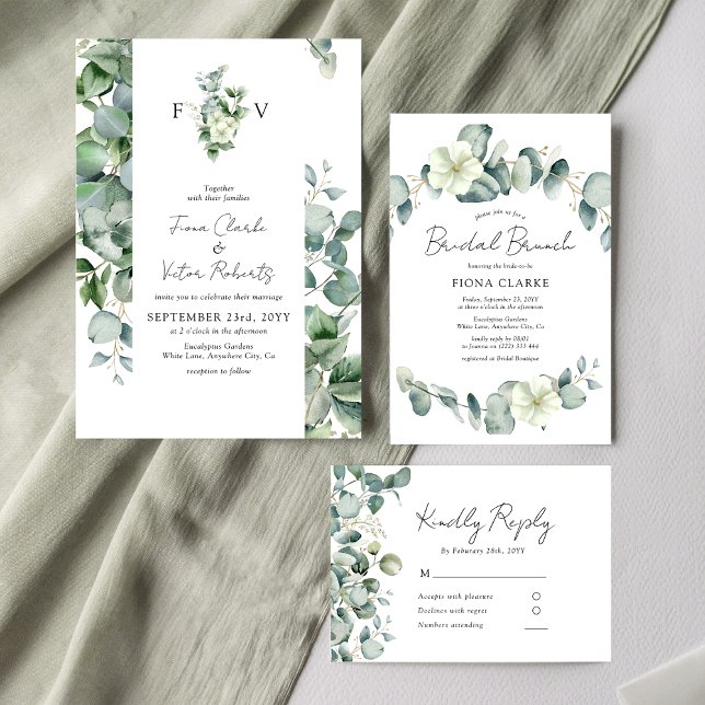 Invitation Initiales de mariage élégantes au eucalyptus verdo (Créateur téléchargé)