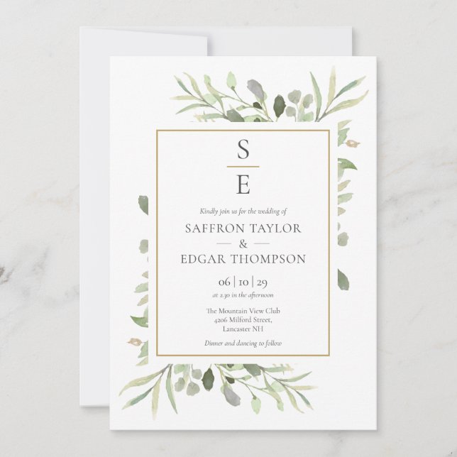 Invitation Initiales de monogramme de verdure de mariage (Devant)