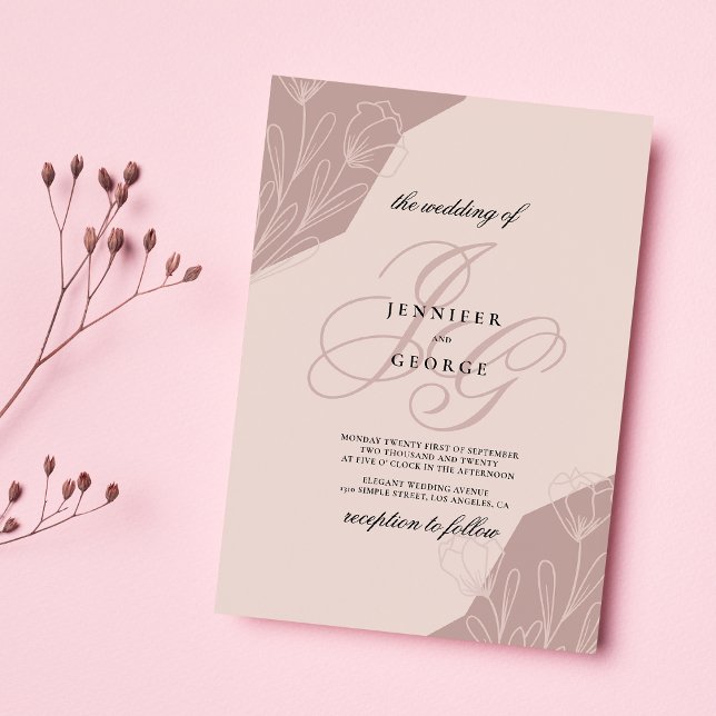 Invitation Initiales de monogramme rose géométrique mariage f (Geometrical pink monogram initials floral wedding )
