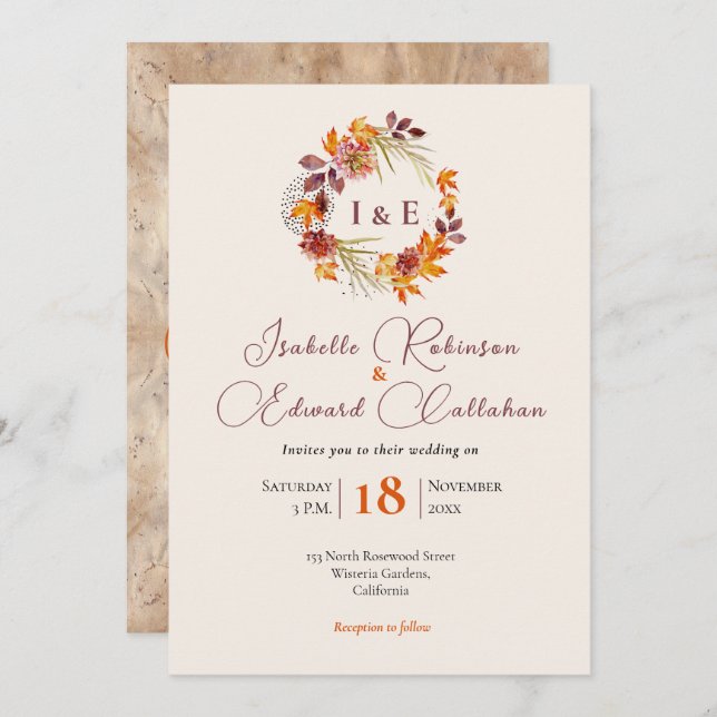 Invitation Initiales élégantes Rustique Brown Automne Mariage (Devant / Derrière)