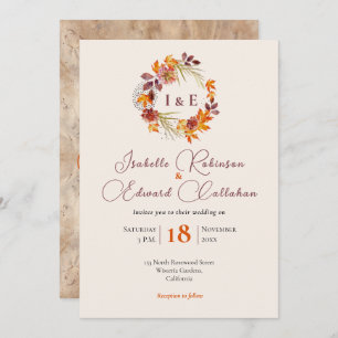 Invitation Initiales élégantes Rustique Brown Automne Mariage