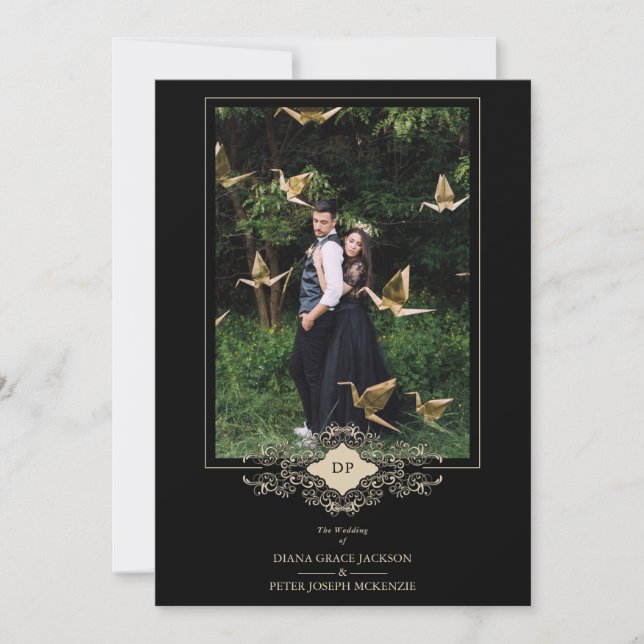 Invitation Initiales en dentelle d'or à la floraison noire ma (Devant)