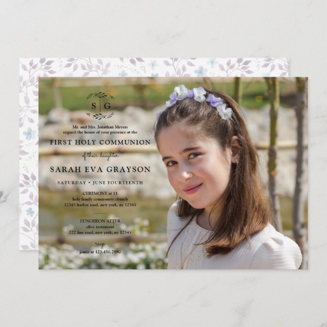 Invitation Initiales en fer - Première communion sainte foncé (Devant / Derrière)