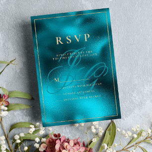 Invitation Initiales en monogramme métallique turquoise RSVP