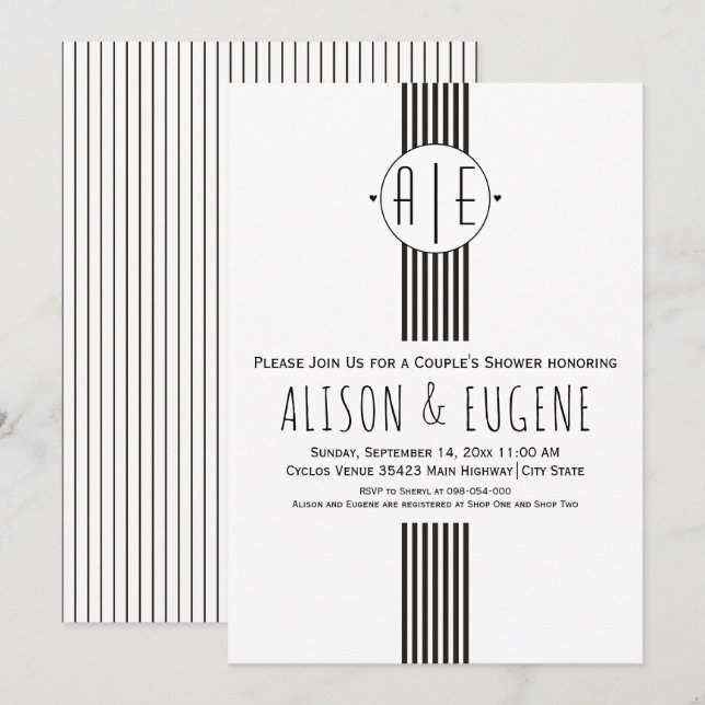 Invitation Initiales en noir et blanc mariage couple douche (Devant / Derrière)