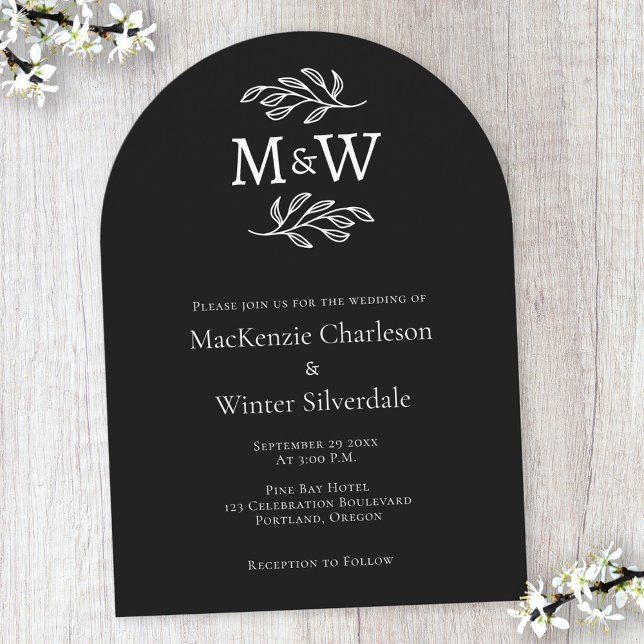Invitation Initiales mariages de deux monogrammes Arche noire (Modern black arch wedding invitation with couple monogram initials and botanical leaf sprig line art)