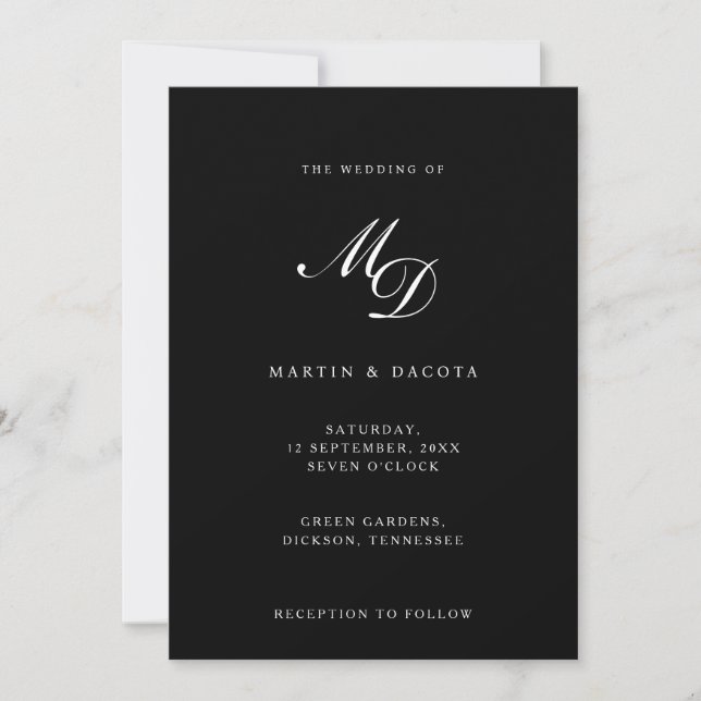 Invitation Initiales modernes Noir & Script Monogramme Mariag (Devant)