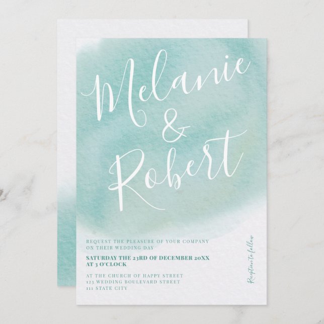 Invitation Initiales modernes turquoise en aquarelle mariage (Devant / Derrière)