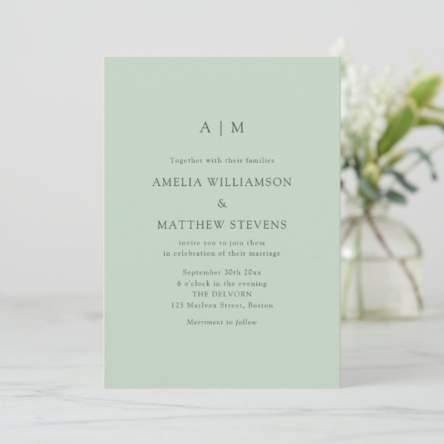 Invitation Initiales Monogramme Moderne Pistache Vert Menthe  (Debout devant)