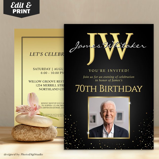 Invitation Initiales personnalisées Elégant Black Gold 70e an (Custom Initials Elegant Black Gold 70th Birthday Invitation)