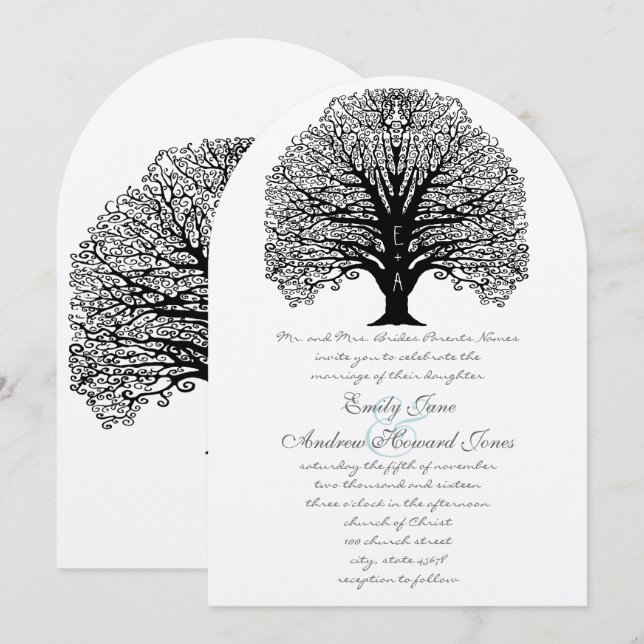 Invitation Initiales romantiques dans le Mariage d'arbre de t (Devant / Derrière)