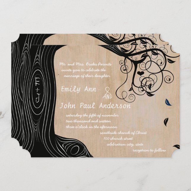 Invitation Initiales romantiques dans le mariage de l'arbre I (Devant / Derrière)