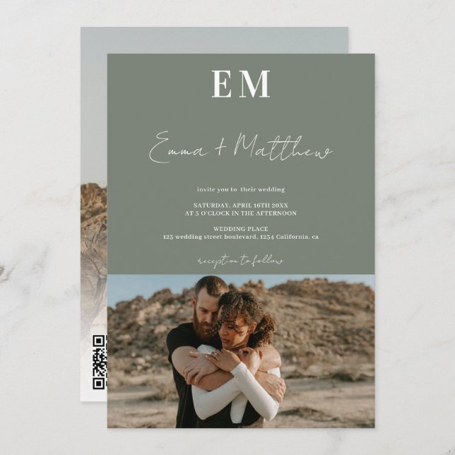 Invitation Initiales sauge vert simple 2 photos qr mariage (Devant / Derrière)