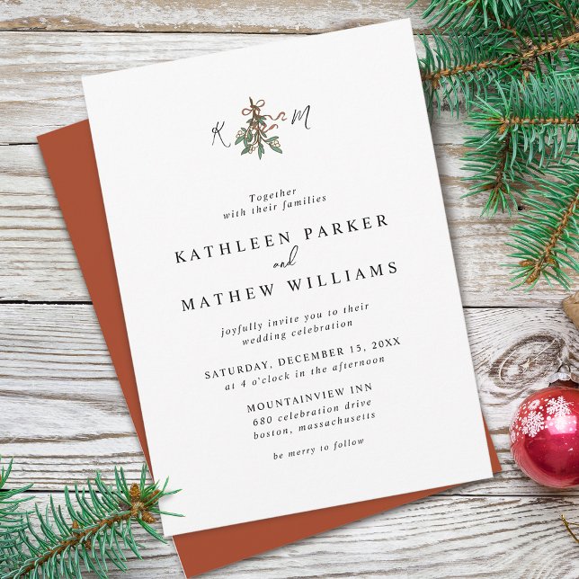 Invitation Initiales simples Mistletoe Mariage de vacances (Mistletoe Initials Holiday Wedding Invitation)