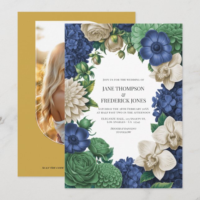 Invitation Ink Blue, Slate Green & Winter Sand Wedding (Devant / Derrière)