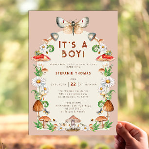 Invitation Insectes et champignons Baby shower de bois