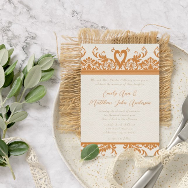 Invitation Inséparable cygne Coral et Ivory Mariage damassé I (Créateur téléchargé)