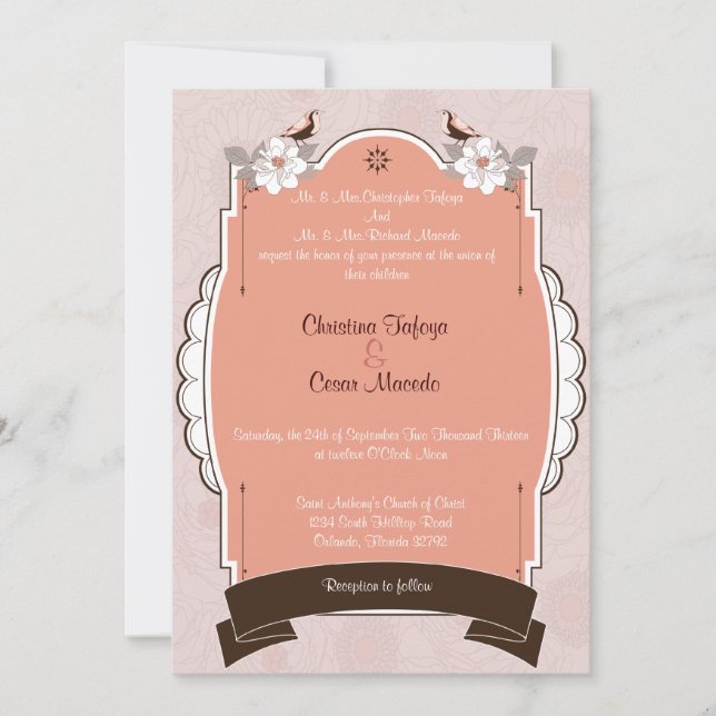 Invitation inséparable floral rose/Brown 5x7 (Devant)