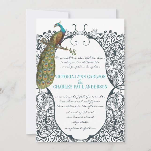 Invitation Inséparable Motif Whimsical Peacock de la marine M (Devant)