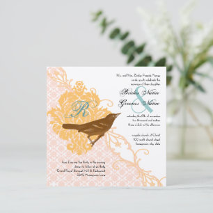 Invitation Inséparable Pink Apricot, Robin Egg Blue Damask