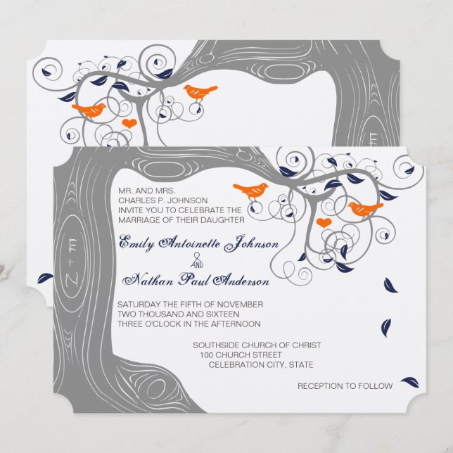 Invitation Inséparable romantique Arbre Orange Marine Mariage (Devant / Derrière)