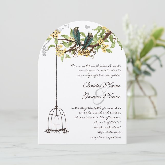 Invitation Inséparables Birdcage Jaune & Arbre Turquoise en f (Debout devant)