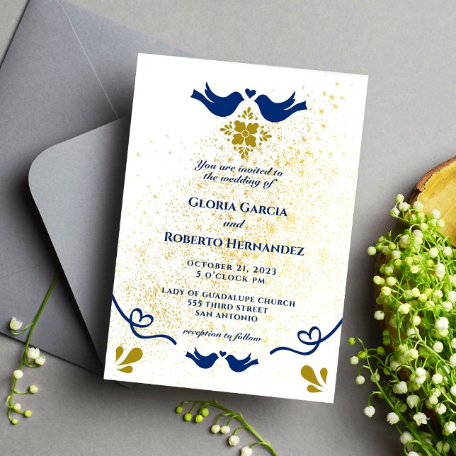 Invitation Inséparables Bleus Et Dorés Mariage Mexicain (Créateur téléchargé)