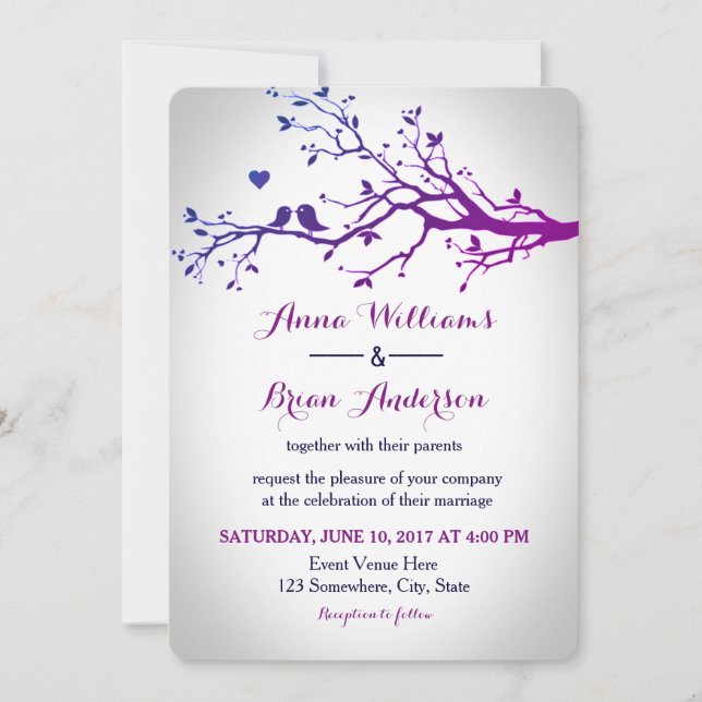Invitation Inséparables Branches Purple & Marine Mariage Invi (Devant)
