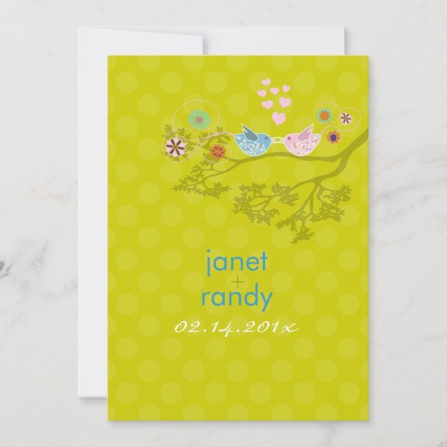 Invitation Inséparables embrassant des coeurs/pois flottants (Devant)