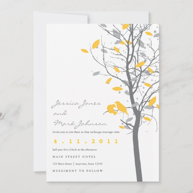Invitation Inséparables jaunes à l'arbre avec Feuilles gris (Devant)