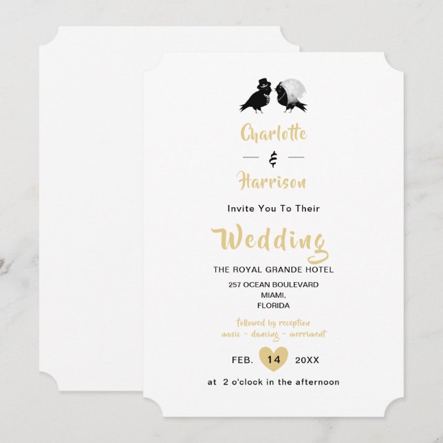 Invitation Inséparables mignons Black White Gold Mariage Invi (Devant / Derrière)