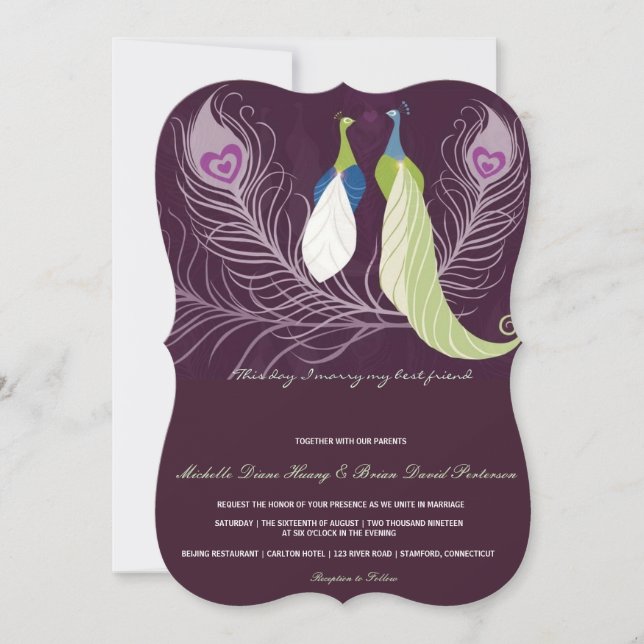Invitation Inséparables Peacock Pair Purple Mariage Inviter (Devant)