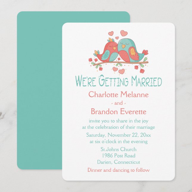 Invitation Inséparables Rose Bleu Vert Turquoise Mariage (Devant / Derrière)