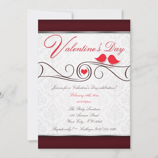 Invitation Inséparables rouges Damask Valentine's Day (Devant)