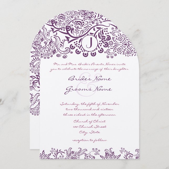 Invitation Inséparables violets Damask Monogram Mariages (Devant / Derrière)